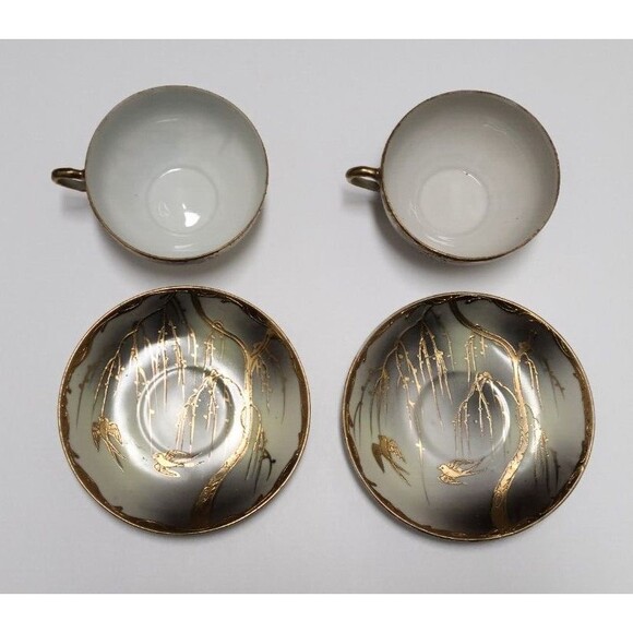Made in Japan Hand Painted 2 Cups with Saucers Bone China Gold Ivory Grey Birds - Picture 3 of 12